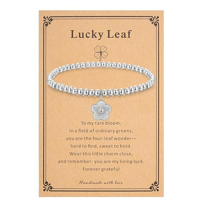 morniface Beaded Bracelet for Women, Handmade Stretch Bracelet with Charms, Dainty Stackable and Trendy Jewelry Gift - style: Silver Beaded-lucky clover
