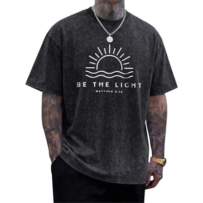 Christian Be The Light Shirts for Men Jesus God Faith Religious Bible Verse T Shirt Oversized Acid Wash Graphic Tees - color: Black, size: Small