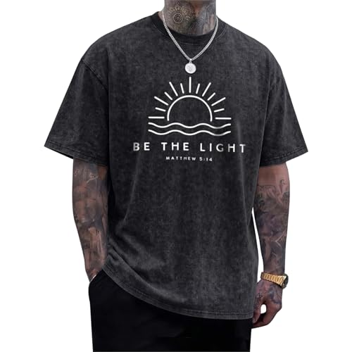 Christian Be The Light Shirts for Men Jesus God Faith Religious Bible Verse T Shirt Oversized Acid Wash Graphic Tees - color: Black, size: Medium