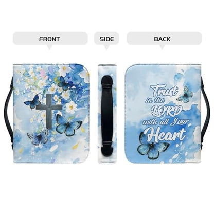 Butterfly Daisy Cross Leather Bible Cover for Men with Handle - color: Blue Butterfly Daisy Cross, size: 2XL