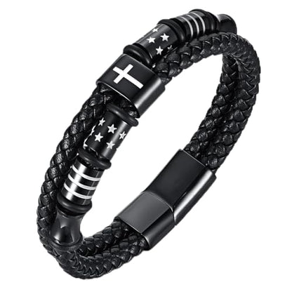 Mens Cross Bead Braided Genuine Leather Bracelet, Black Gemstone Agate Onyx Beaded Rosary Obsidian Bangle, Faith Religious Easter Catholic Christian Communion Baptism Christmas Jewelry Gift for Men - color: Black3 Size 8.3″ Joshua 1:9