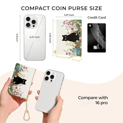 Black Cat Floral Keychain Coin Purse for Women Small Change Pouch - color: Black Cat and Flower