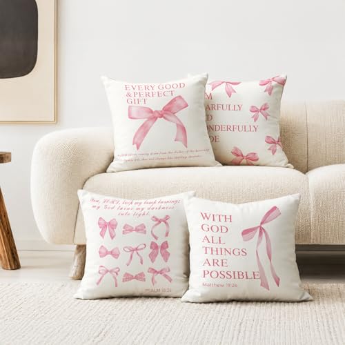 Pink Coquette Room Decor for Teen Girls,Christian Bible Verses Bow Decorative Pillow Covers 18x18 Set of 4,Cute Pink Pillowcase for Bedroom College Dorm Sofa Couch Decor - color: I Am Fearfully and Wonderfully Made
