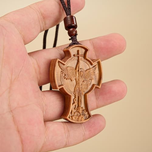 Wooden Archangel St. Michael Necklace, Carved Olive Wood, Wooden Religious Pendant Jewelry (Cross) - color: Cross