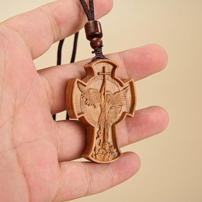 Wooden Archangel St. Michael Necklace, Carved Olive Wood, Wooden Religious Pendant Jewelry (Cross) - color: Cross
