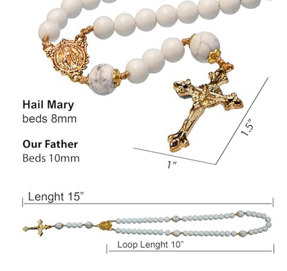 Catholic Rosary with Natural White Marble Gemstone Beads, Elegant Gold Brass Crucifix and Medal Catholic Prayer beads
