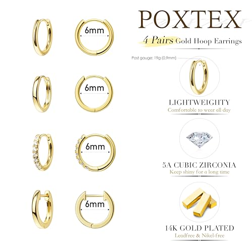 Small Gold Huggie Hoop Earrings Set for Women Men Hypoallergenic 14K Plated Stack Cartilage Earrings, Sterling Silver Multiple Piercing Lightweight Mini Thin Cute Dainty Trendy Jewelry Gifts for Women - color: Gold-6,6,6,6mm