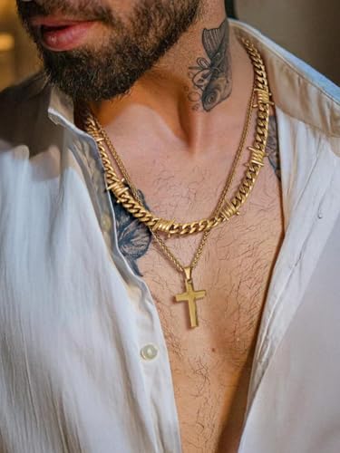 ChainsHouse Mens Cross Necklace Stainless Steel Layered Chain Cross Pendant - color: Gold