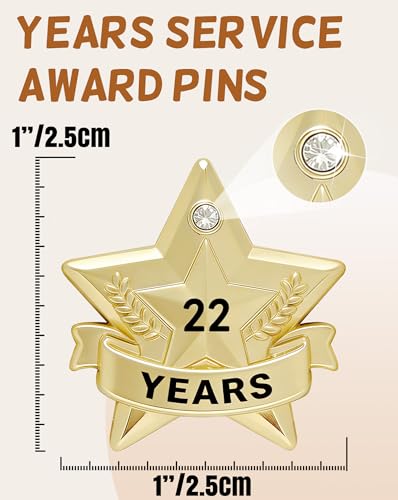 Years of Service Pins, Gold Star Pin for 1-30 Year Work Anniversary, Long Standing Employee Recognition Award Star Pins for Staff, Team & Volunteers - style: 22 Years