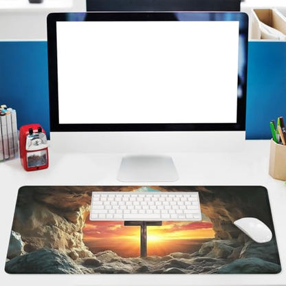 Jesus Cross Hole Mouse Pad Easter Christ Resurrection Faith Large Gaming Mouse Mat with Stitched Edges,Non-Slip Waterproof Rubber Base Mous Mat 31.5x11.8 in - color: Jesus Cross Hole, size: 31.5L x 11.8W inches