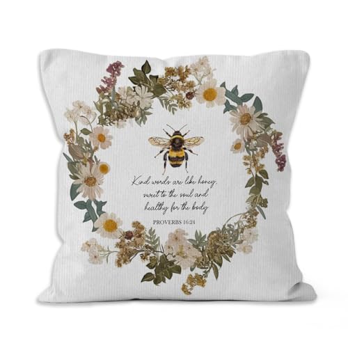 Christian Bee Throw Pillow Covers 18x18, Bumble Bee Flower Wreath Decorative Pillow Covers for Home Living Room Bedroom, Floral Pillowcases, Religious Bible Verse Decor Accent Pillows Cover - color: Bee