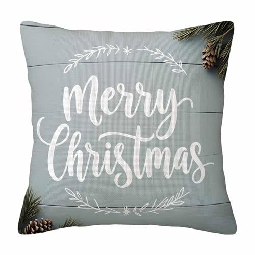 Winter Holiday Christmas Throw Pillow Cover,Merry Christmas Teal Wood Decorative Pillow Case,Rustic Pine Branch Cotton Linen Cushion Case for Home Decor 18 * 18 Inch - color: Settype15