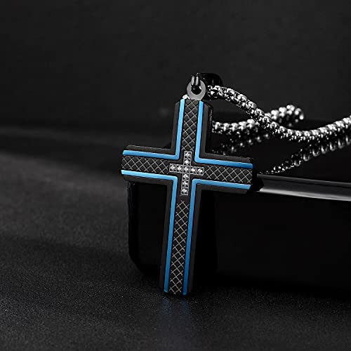 Men's Stainless Steel Cross Necklace,Two-Tone Black & Blue Carbon Fiber Pendant - Included Gift Box - style: Black & Blue XL0004