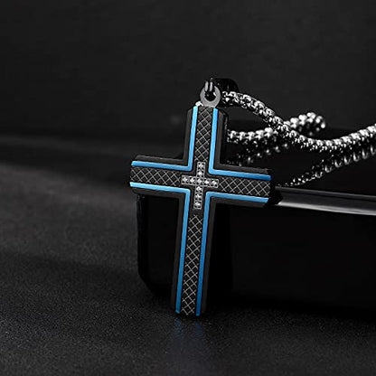 Men's Stainless Steel Cross Necklace,Two-Tone Black & Blue Carbon Fiber Pendant - Included Gift Box - style: Black & Blue XL0004