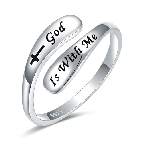 925 Sterling Silver Inspirational Adjustable Rings - Personality Encouragement Jewelry Gift For Women - style: God Is With Me
