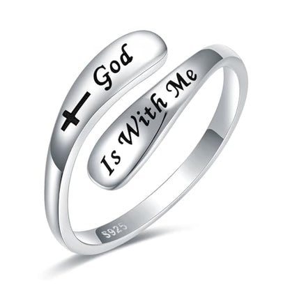 925 Sterling Silver Inspirational Adjustable Rings - Personality Encouragement Jewelry Gift For Women - style: God Is With Me