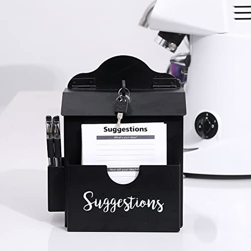 MyGift Suggestion Box with Slot and Lock, Donation Box for Fundraising, Complaint Case with Paper Sheet and Pen Holder Slots,Wall Mounted or Tabletop, Black Metal - color: Black