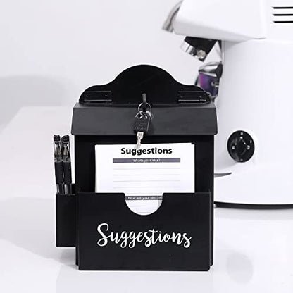 MyGift Suggestion Box with Slot and Lock, Donation Box for Fundraising, Complaint Case with Paper Sheet and Pen Holder Slots,Wall Mounted or Tabletop, Black Metal - color: Black