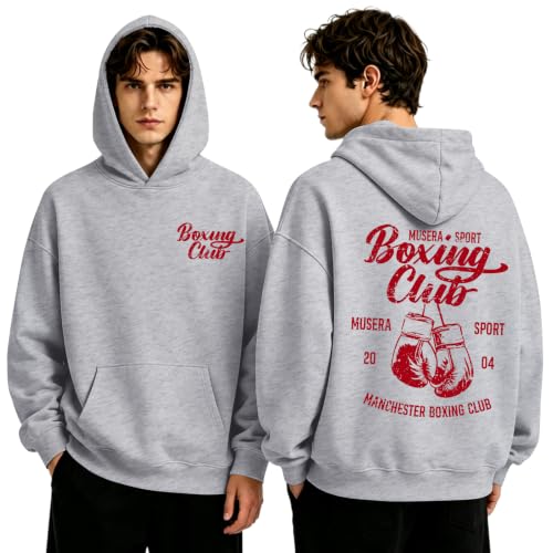 Boxing Hoodies for Men Boxing Club Streetwear Hoodie Athletic Gym Workout Sweatshirt Vintage Graphic Pullover - color: Light Gray, size: Small