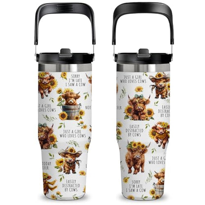 30oz Yak Insulated Tumbler with Handle and Straws, Highland Cow Gifts - color: Cow1
