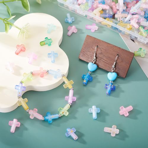 257Pcs Acrylic Cross Beads Assorted Colors Pastel Kandi Bead Crucifix Bracelet Halloween Beads for Keychain Crafts DIY Easter Jesus Bracelet Rosary Jewelry Making Supplies 15x12mm - color: Random Colors