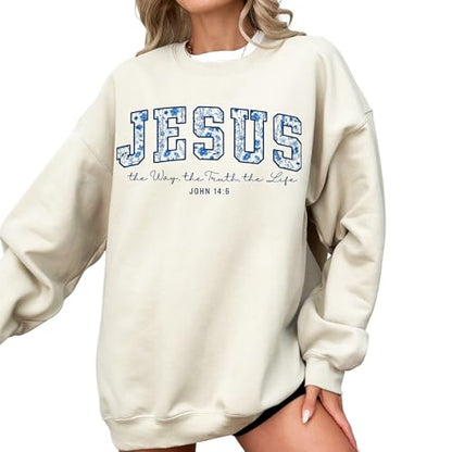 FITIN Unisex Jesus The Way The Truth The Life Christian Sweatshirt John 14:6 Floral Faith Pullover Neutral - color: Sand, size: Medium