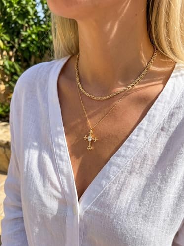 CONRAN KREMIX Waterproof Gold Layered Cross Necklace for Women Non Tarnish,14k Gold Plated Stainless Steel Dainty Cross Necklace Stack Necklaces Set for Women Christian Gifts Jewelry - color: Gold-Cross02