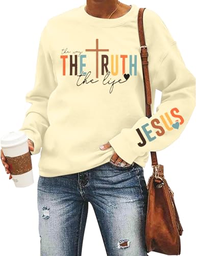 Christian Sweatshirt Women Bible Verse Pullover Religious Faithful Shirt - color: Apricot, size: XX-Large