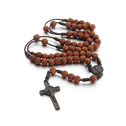 Handmade Wooden Wood Beads Catholic Rosary Crucifix Cross Pendant Necklace Bethlehem Christian Prayer Holy Jerusalem Holyland Y Necklace for Women Men Unisex Jewelry Gift - color: C rose