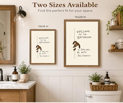 Funny Dog Bathroom Wall Art, Framed Canvas Print 16x24 In - color: Cream, Brown, Black, Natural Wood, size: 16"L x 24"W