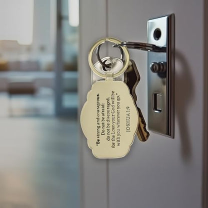 Christian Art Gifts Inspirational Scripture Keychain Accessory for Men & Women: Strong & Courageous Encouraging Bible Verse, Chic, Stylish & Sturdy for Key Rings, Lanyards, Backpacks, Navy Blue & Gold