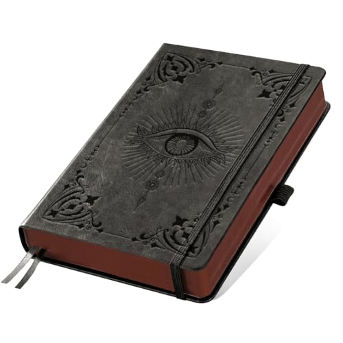 A5 Mystic Eye Leather Journal, 300 Pages Lined Notebook, Black Vintage Pattern Hardcover Notebook for Travel Diary, Business, Work and School Daily Writing - style: Eye