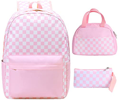 UREYMX Checkered Backpack - School Backpack for Kids, Large Capacity, Waterproof, Lightweight, Black - color: 3 in 1 Pink and White Plaid
