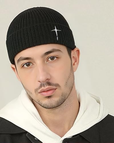 Men's Knitted Skull Cap Cross Embroidered Fisherman Beanie - color: Black