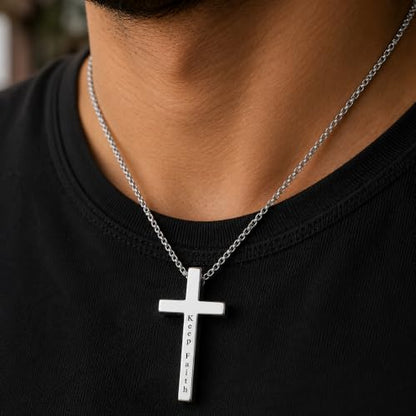 Engraved Cross Necklace for Men, Women & Boys & Girls Cross Necklace, Stainless Steel Cross Pendant Necklace, Faith & Inspiration Christian Jewelry Gift - color: Keep Faith