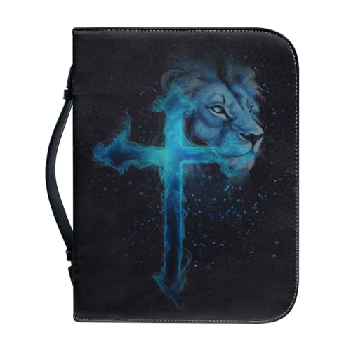 Blue Cross Lion Print Women's Bible Cover PU Leather Waterproof Bible Carrying Case for Church Zippered Large Capacity Book Protector with Top Handle Gifts for Christians - color: Blue Cross Lion, size: 2X-Large