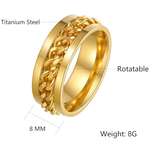 Mens Fidget Rings Anxiety Ring for Men 6mm 8mm Chain Spinner Ring Size 5-14 - color: Gold Gold