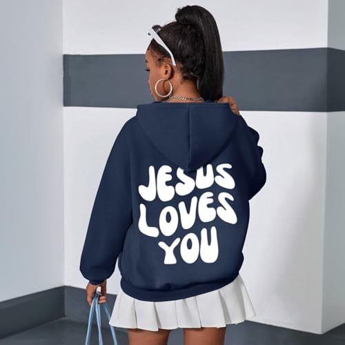 Christian Jesus Loves You Hoodie For Teen Girls Cute Graphic Hoodies Kids Bible Verse Faith Sweatshirt God Pullover - color: Navy Blue, size: 12-13 Years