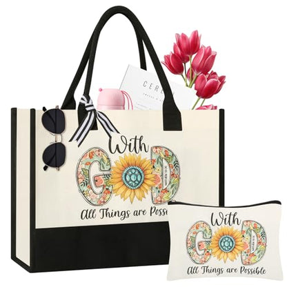 Tecanne Christian Gifts for Women, Canvas Tote Bag with Makeup Bag - color: Christian Gifts