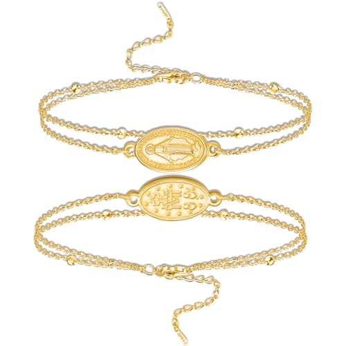 VASSAGO Virgin Mary Bracelet for Women Men Double-Sided Virgen de Guadalupe Rosary Bracelet Medal Handmade Braided Rope Catholic Christian Religious Jewelry Gift - color: gold layered