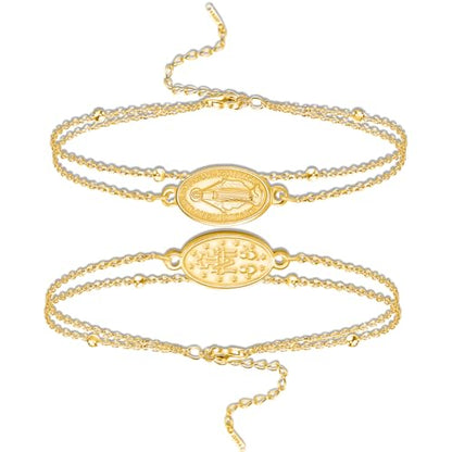 VASSAGO Virgin Mary Bracelet for Women Men Double-Sided Virgen de Guadalupe Rosary Bracelet Medal Handmade Braided Rope Catholic Christian Religious Jewelry Gift - color: gold layered