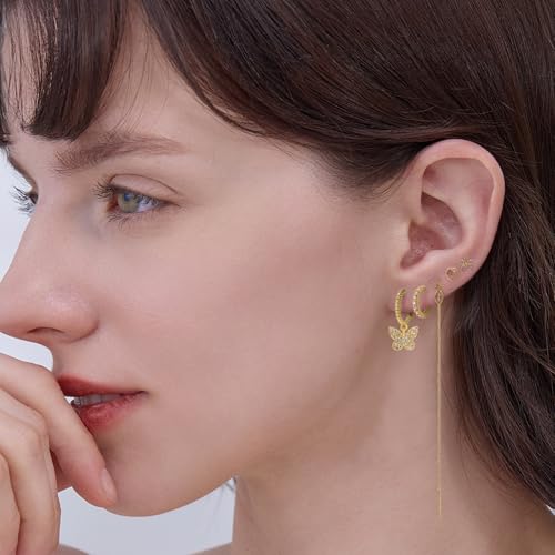 Gold Earrings Set for Women 14K Gold Plated Cubic Zirconia Love Heart Bowknot Clover Fruit Flower Insect Ocean Cross Huggie Hoop Earrings Stud Earrings Set for Multiple Piercing Party Jewelry Gifts - style: Butterfly and Heart
