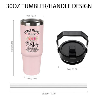 30 oz Sister Travel Mug with Handle and Straw, Cute Pink Floral Stainless Steel Vacuum Insulated Tumbler, Water Bottle, Funny Friendship Gifts for Women - color: sister travel mug