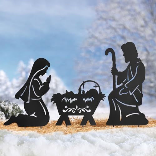 Nativity Scene Outdoor,Black Silhouette Metal Nativity Set for Yard Stakes - color: Nativity-black