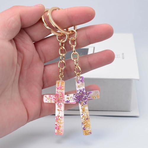 2PCS Cross Flower Keychain,Christian Cross Keychain for Women