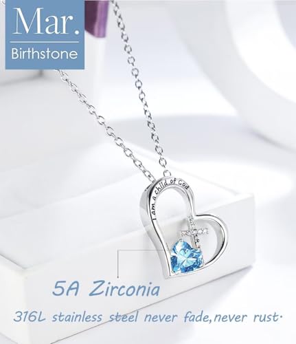 Birthstone Cross Necklace for Girls, Child of God Cross Gifts Jewelry - color: 03. March, style: 01. Silver