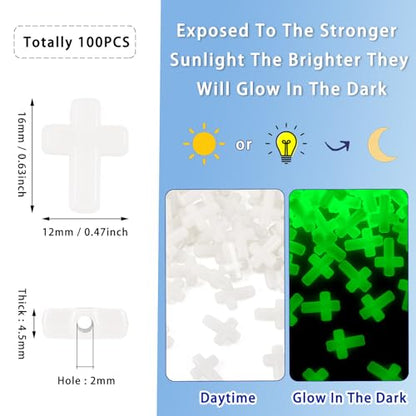 100Pcs Glow in the Dark Acrylic Cross Beads Crucifix Focal Beads White Cross Charms for Easter Pens Keychain Crafts DIY Jesus Bracelet Rosary Jewelry Making Supplies 16x12mm - color: Luminous Mint Cream