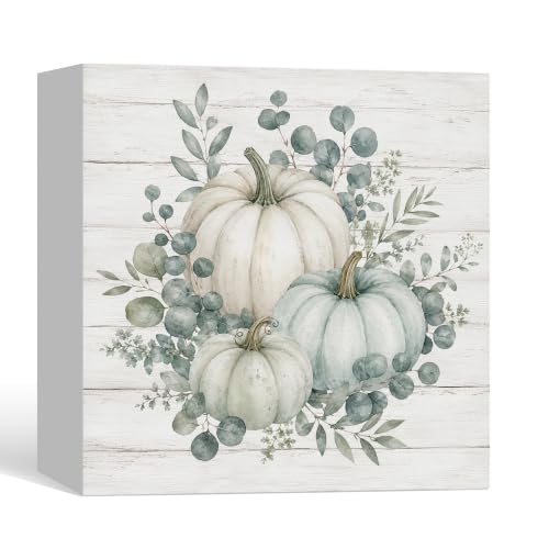 Fall Sage Green and White Pumpkin Decor Wooden Box Sign - color: Fall-8