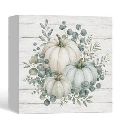 Fall Sage Green and White Pumpkin Decor Wooden Box Sign - color: Fall-8