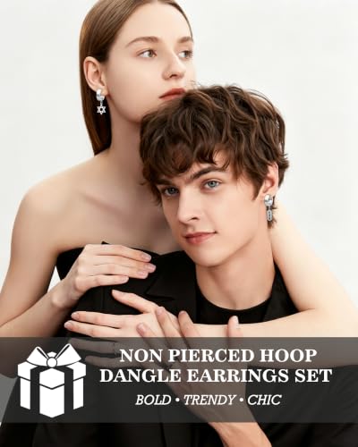 ONESING 20-25 Pcs Clip On Earrings for Men - Dangle Hoop Sterling Non Pierced Fake Piercings - Stainless Steel Silver - color: Silver-25pcs